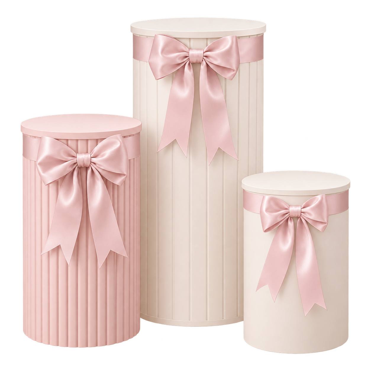 Blush Ribbon Cylinder Plinth Trio event decor hire item