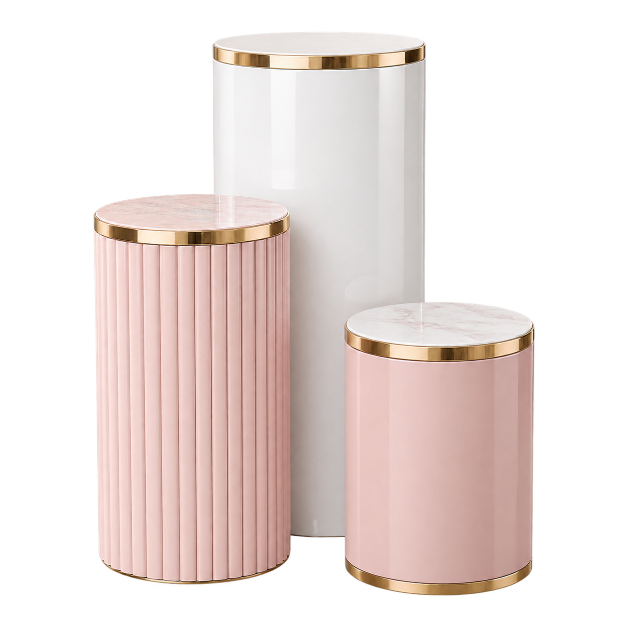 Blush White Gold Cylinder Plinth Trio event decor hire item