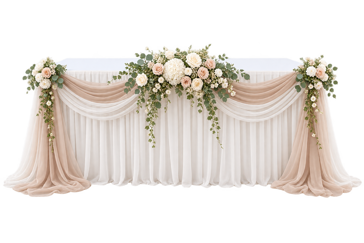 Ivory Draped Floral Dessert Table event decor hire item